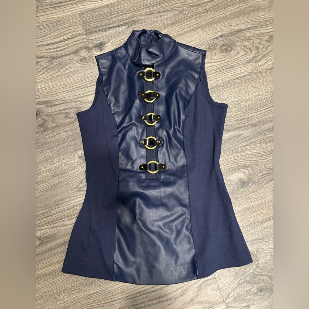 Venus Navy Blue Sleeveless Top with Gold Accents 4 NWOT